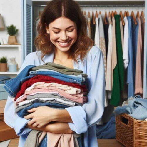 Woman simplifying her life by decluttering her wardrobe