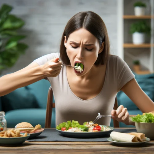 Woman not mindful eating or chewing but shoveling food in